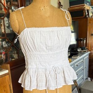 J. Crew White Smocked Ruffle-Hem Tie Cami